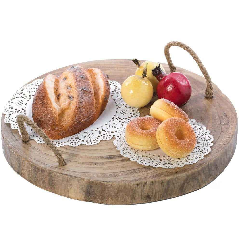 Brown Wood round Tray Serving Platter Board with Rope Handles