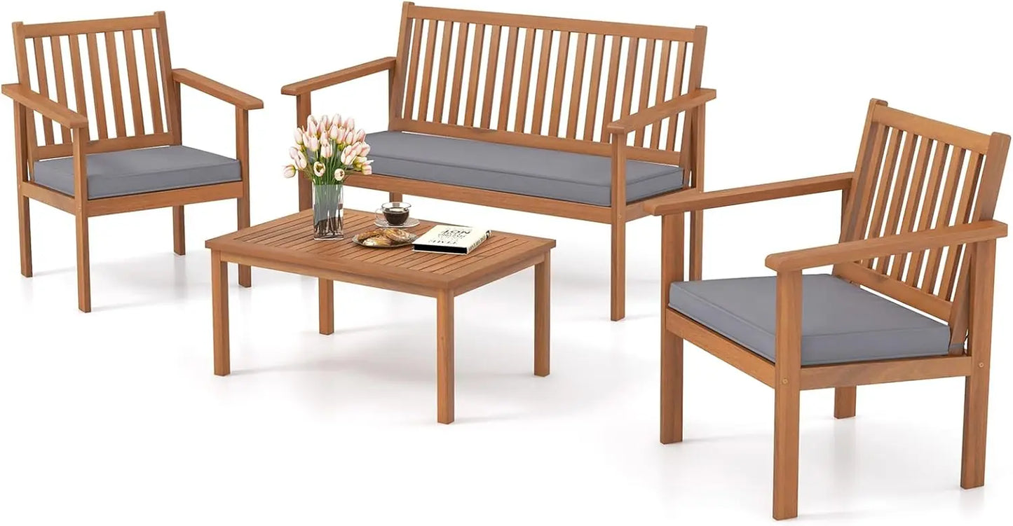 4 Piece Patio Wood Furniture Set, Acacia Wood Sofa Set W/Loveseat, 2 Chairs & Coffee Table, Soft Seat Cushions, Outdoor