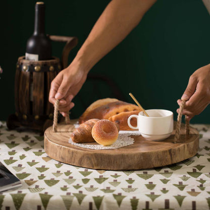 Brown Wood round Tray Serving Platter Board with Rope Handles