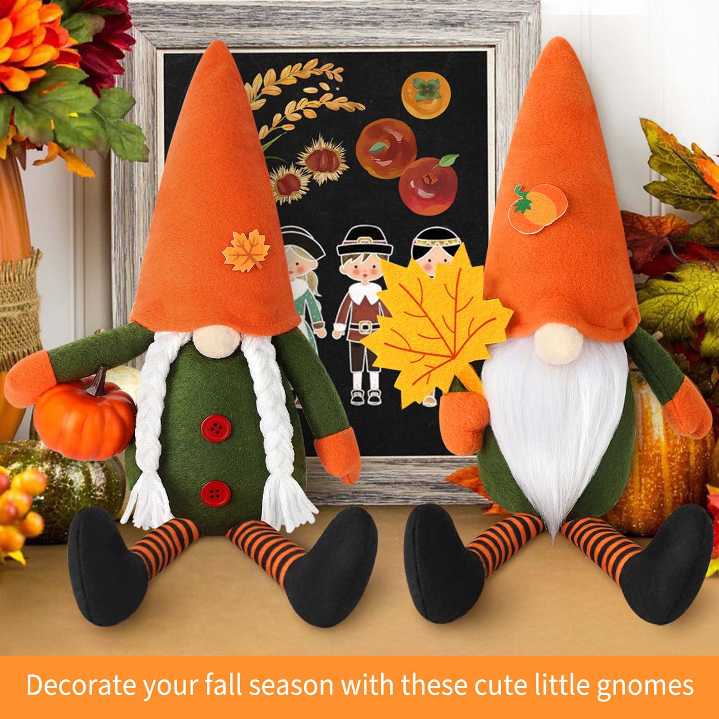 2 Pack Fall Gnomes Handmade Thanksgiving Gnomes Plush Swedish Gnomes Fall Ornaments with Pumpkin Maple Leaves, Fall Decor Holiday Table Decorations Gifts