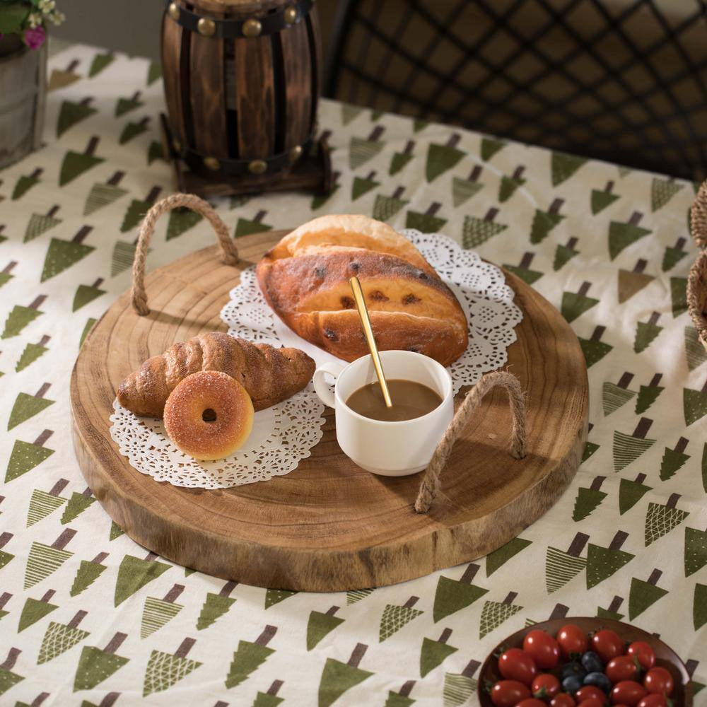 Brown Wood round Tray Serving Platter Board with Rope Handles