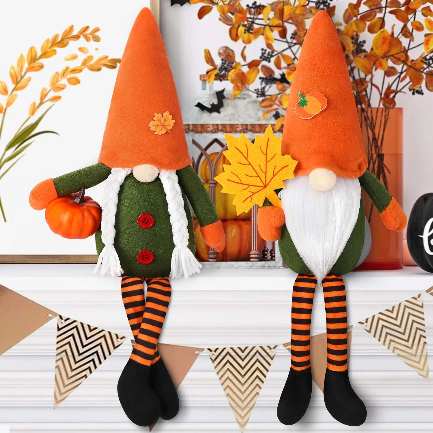 2 Pack Fall Gnomes Handmade Thanksgiving Gnomes Plush Swedish Gnomes Fall Ornaments with Pumpkin Maple Leaves, Fall Decor Holiday Table Decorations Gifts