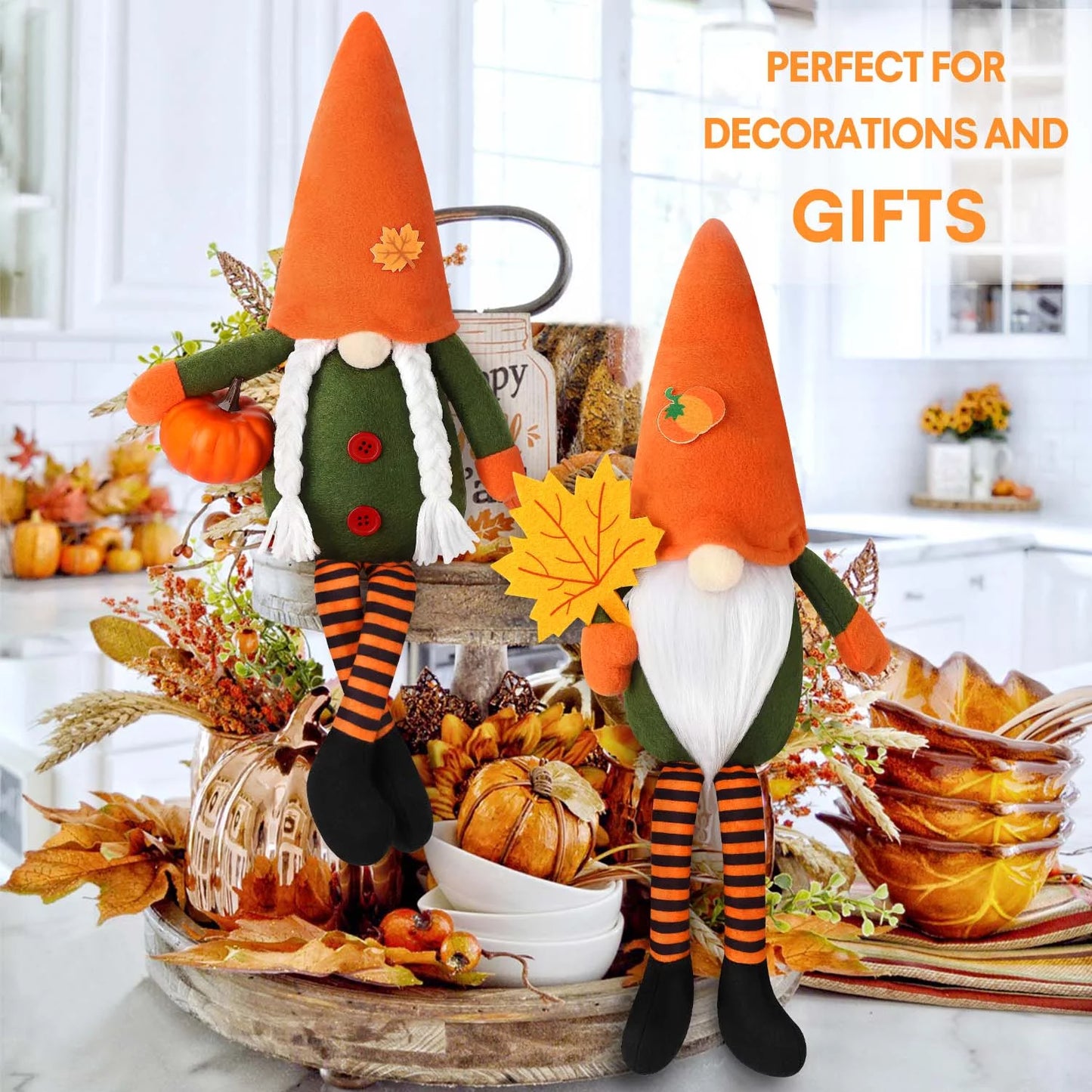 2 Pack Fall Gnomes Handmade Thanksgiving Gnomes Plush Swedish Gnomes Fall Ornaments with Pumpkin Maple Leaves, Fall Decor Holiday Table Decorations Gifts