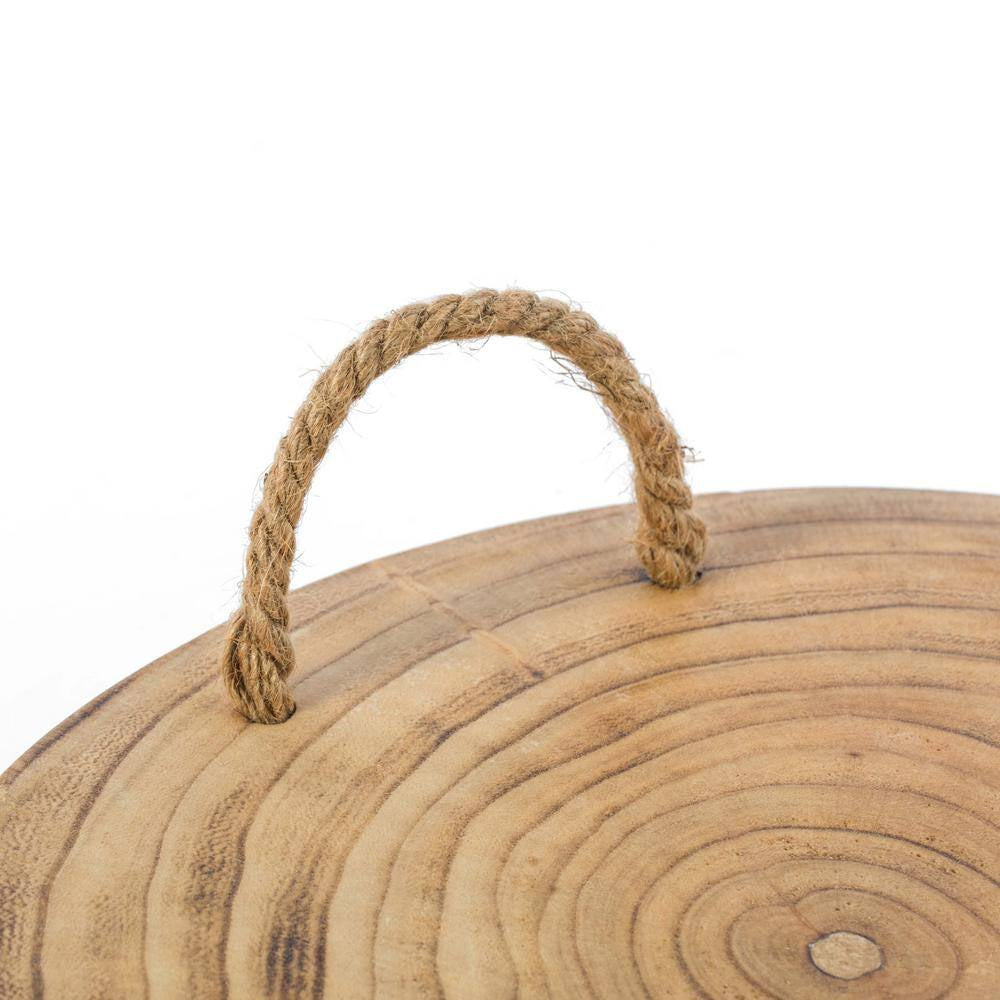 Brown Wood round Tray Serving Platter Board with Rope Handles