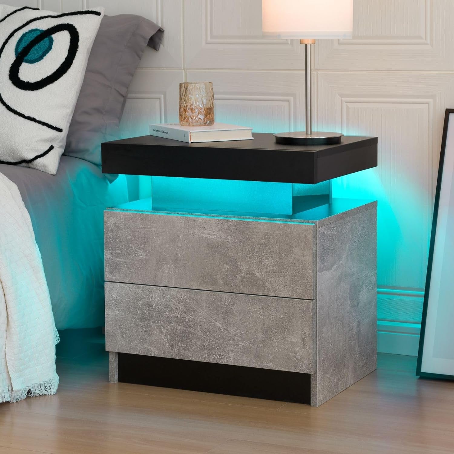 Bedside Table with 2 Drawers, LED Nightstand Wooden Cabinet Unit with LED Lights for Bedroom, End Table Side Table for Bedroom Living Room, Grey