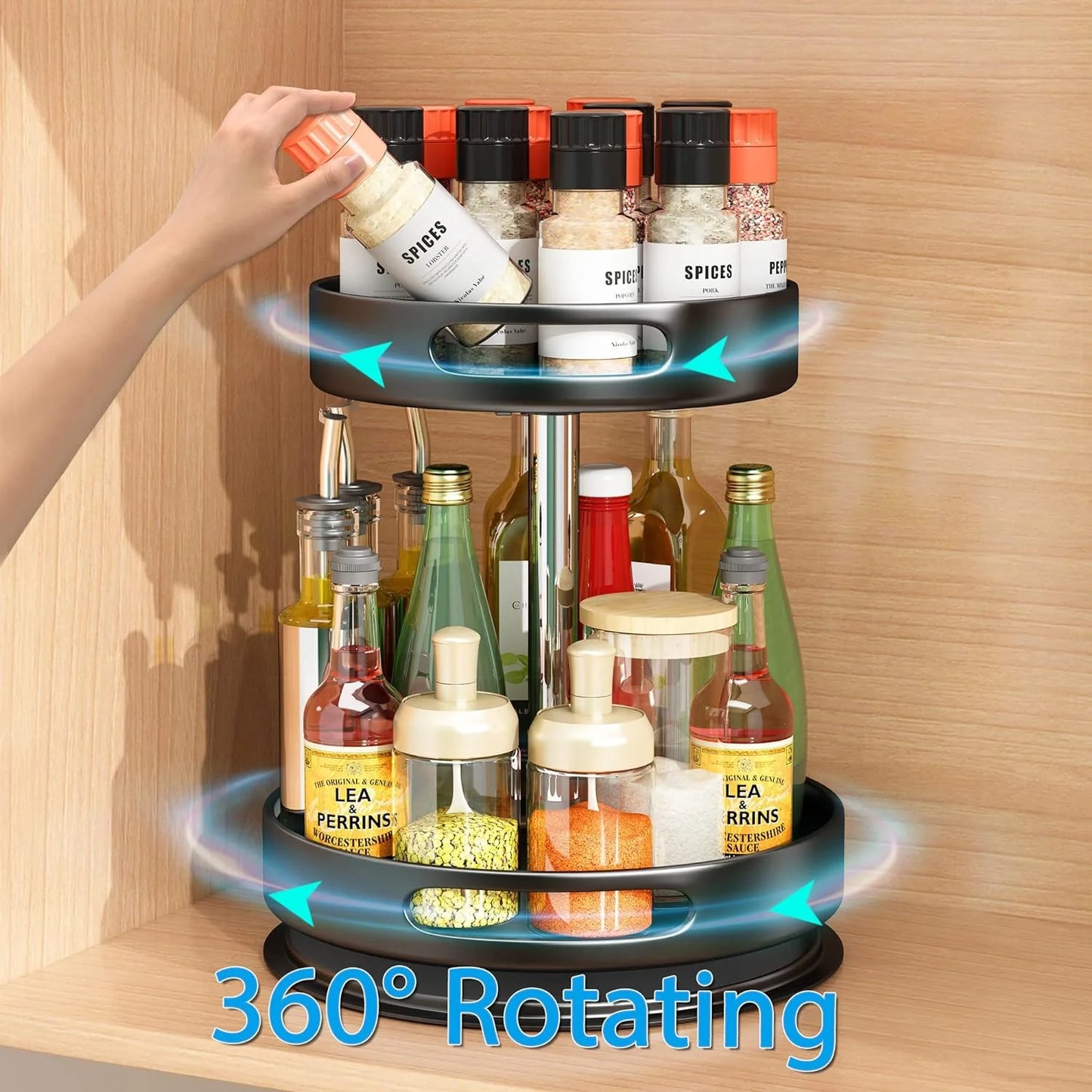 2 Tier Rotating Spice Rack Organizer, 360 Degree Rotation Turntable Kitchen Organizers and Storage, Metal Spice Holder for Kitchen Pantry Storage Cupboard Table