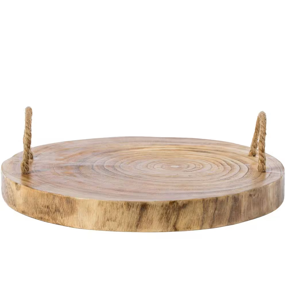 Brown Wood round Tray Serving Platter Board with Rope Handles