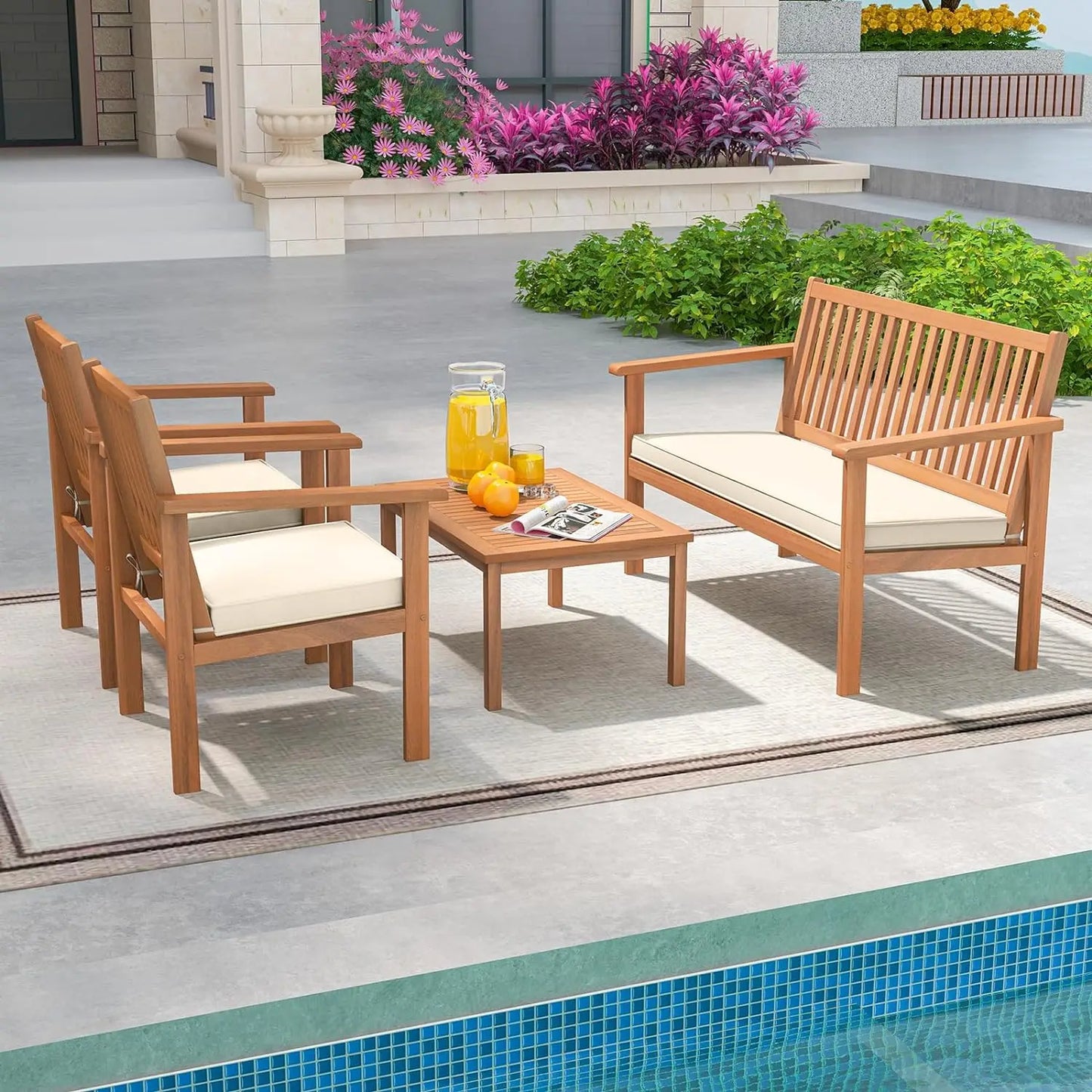 4 Piece Patio Wood Furniture Set, Acacia Wood Sofa Set W/Loveseat, 2 Chairs & Coffee Table, Soft Seat Cushions, Outdoor